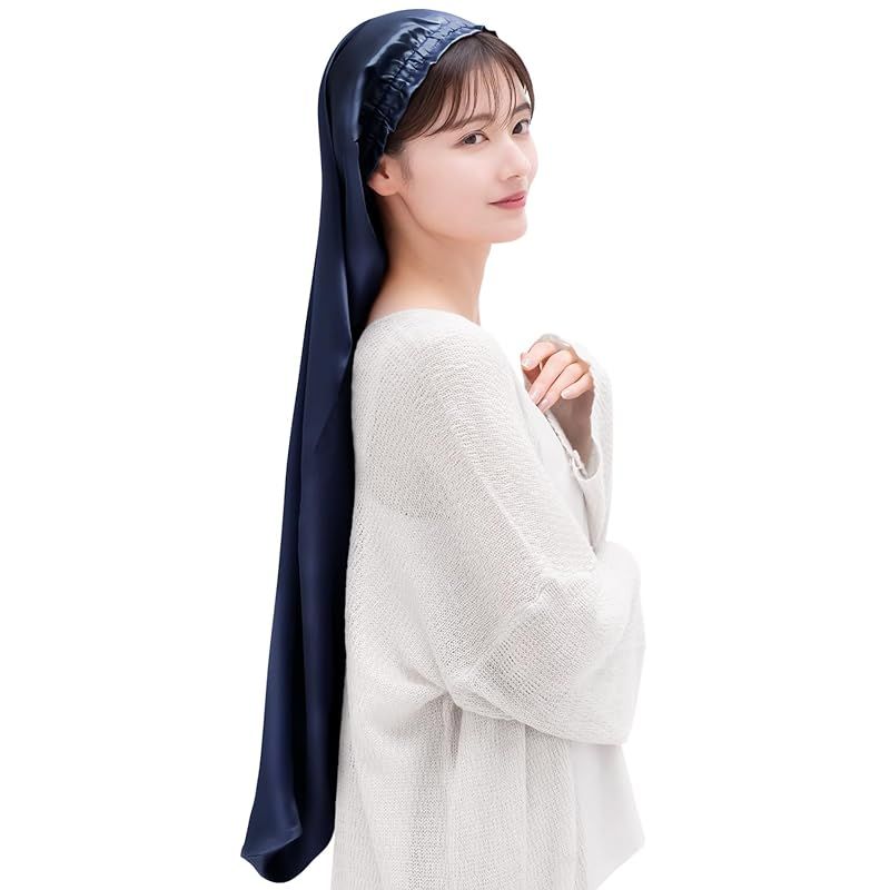 [COCOSILK] シルク ナイトキャップ ロングヘア用 シルクキャップ 筒型 ナイトキャップ ロング 髪 シルク100% 筒 ロングヘア 筒状 ヘアキャップ (90cm， Free Size， ネイビー)