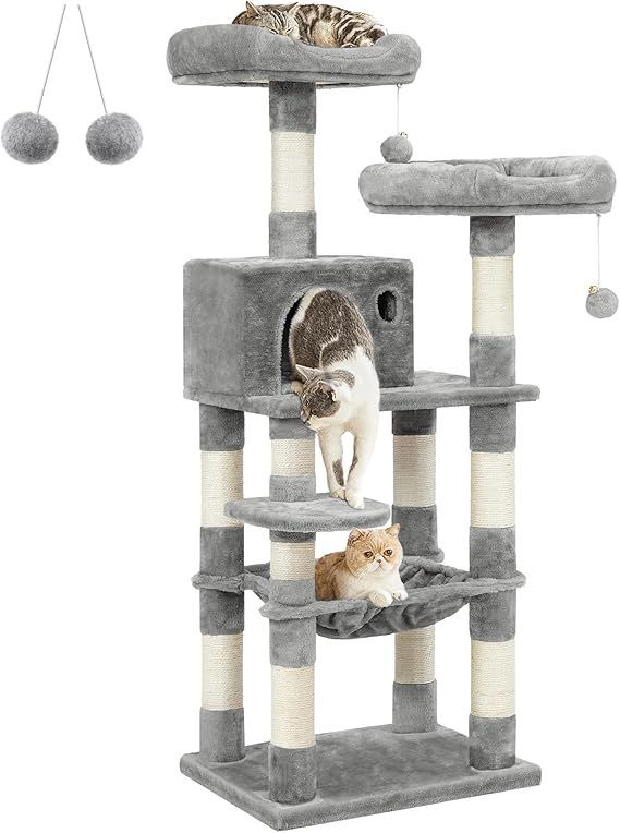 【在庫処分】FEANDREA キャットタワー 大型猫用 猫タワー 多頭飼い 人気 ハンモック耐荷重20kg 爪とぎ 登りやすい ボンボン 天然麻紐 据え置き 運動不足解消 安定性 高さ143CM PCT15WV1