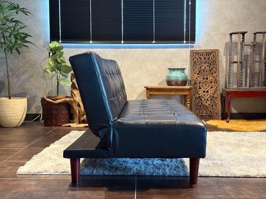 希少　3Pソファ　ソファベッド　ブラックレザー　ボタンダウン　ヴィンテージ　IH 希少 3Pソファ ソファベッド ブラックレザー ボタンダウン