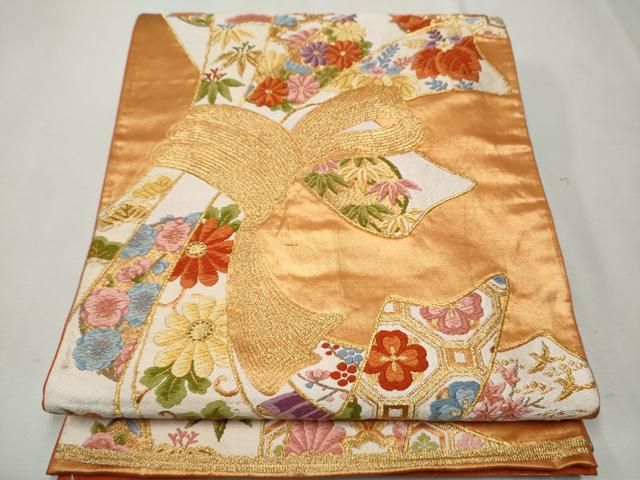 平和屋着物●西陣　河合美術織物謹製　つけ帯　栄昌綴　手織　鏡裏秀栄文　金糸　正絹　逸品　CABE8598hy 平和屋着物○西陣 河合美術織物謹製 つけ帯 栄昌綴 手織 鏡裏秀栄文