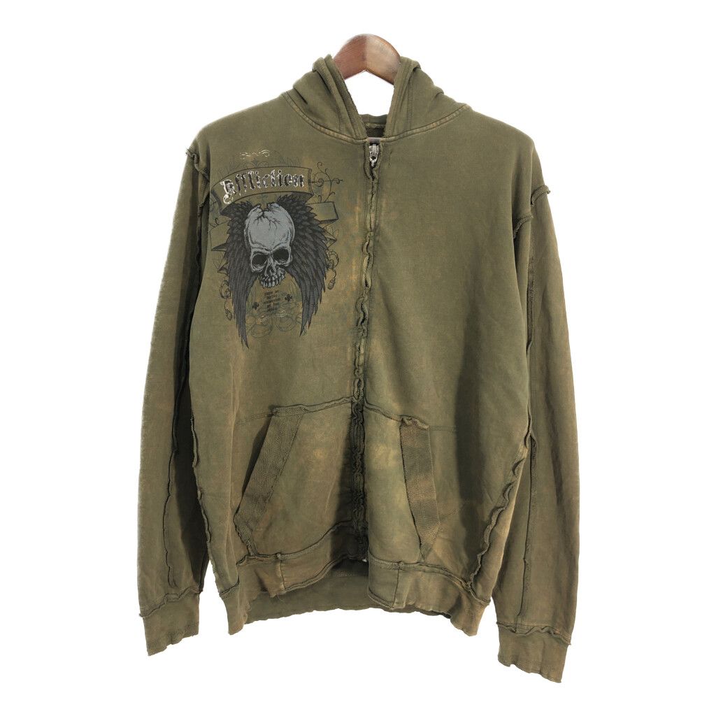 USA製 Affliction スウェット フルジップ パーカー フェアリーグランジ スカル オリーブ (メンズ L) 中古 古着 S7164