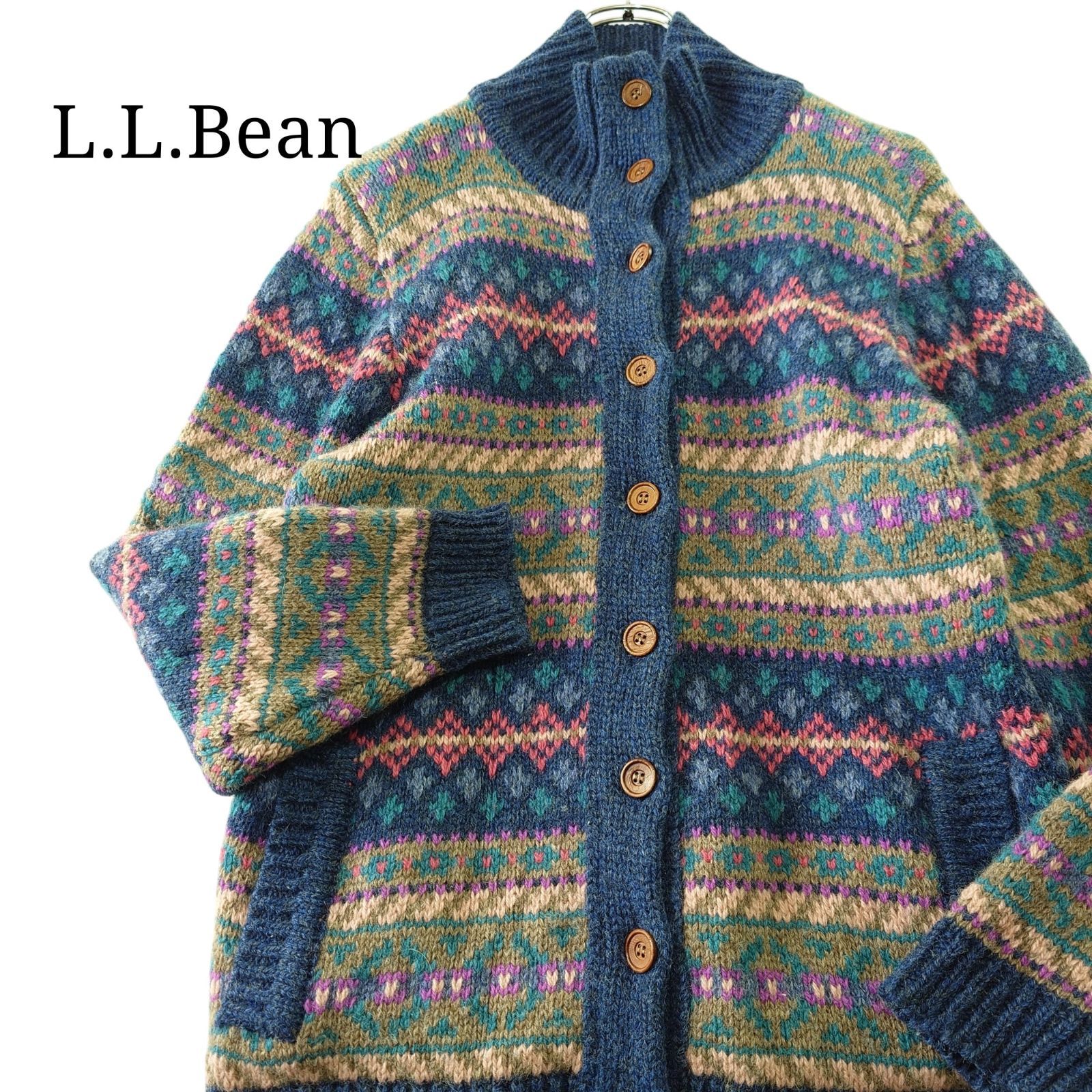【80~90s】L.L.Bean エルエルビーン 総柄 ニットカーディガン ウール ヴィンテージ古着
