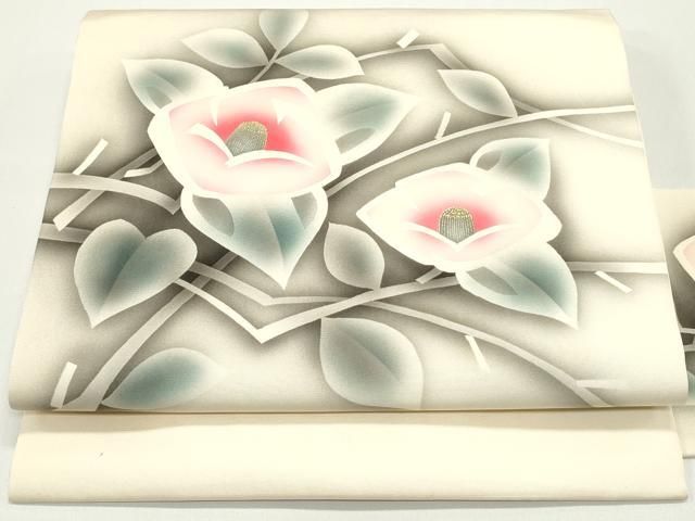 平和屋着物○塩瀬 九寸名古屋帯 手描き 枝椿文 薄卵色 金彩 正絹 逸品