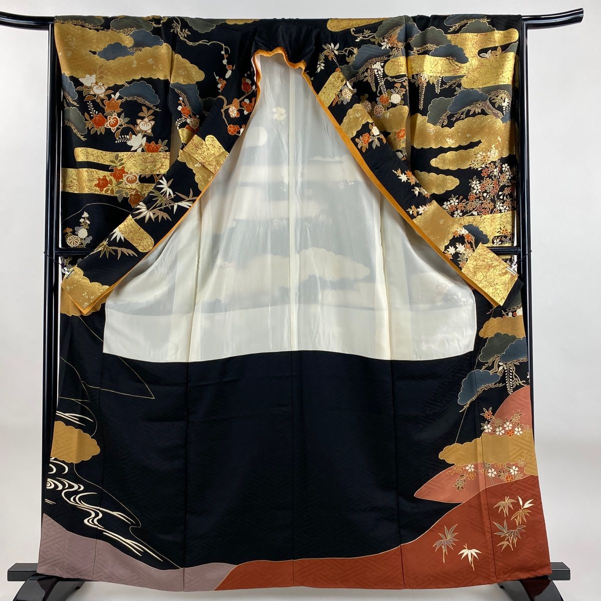 振袖 身丈162cm 裄丈65cm M 袷 扇 橘 金銀糸 金銀彩 茜色 正絹 秀品 中古