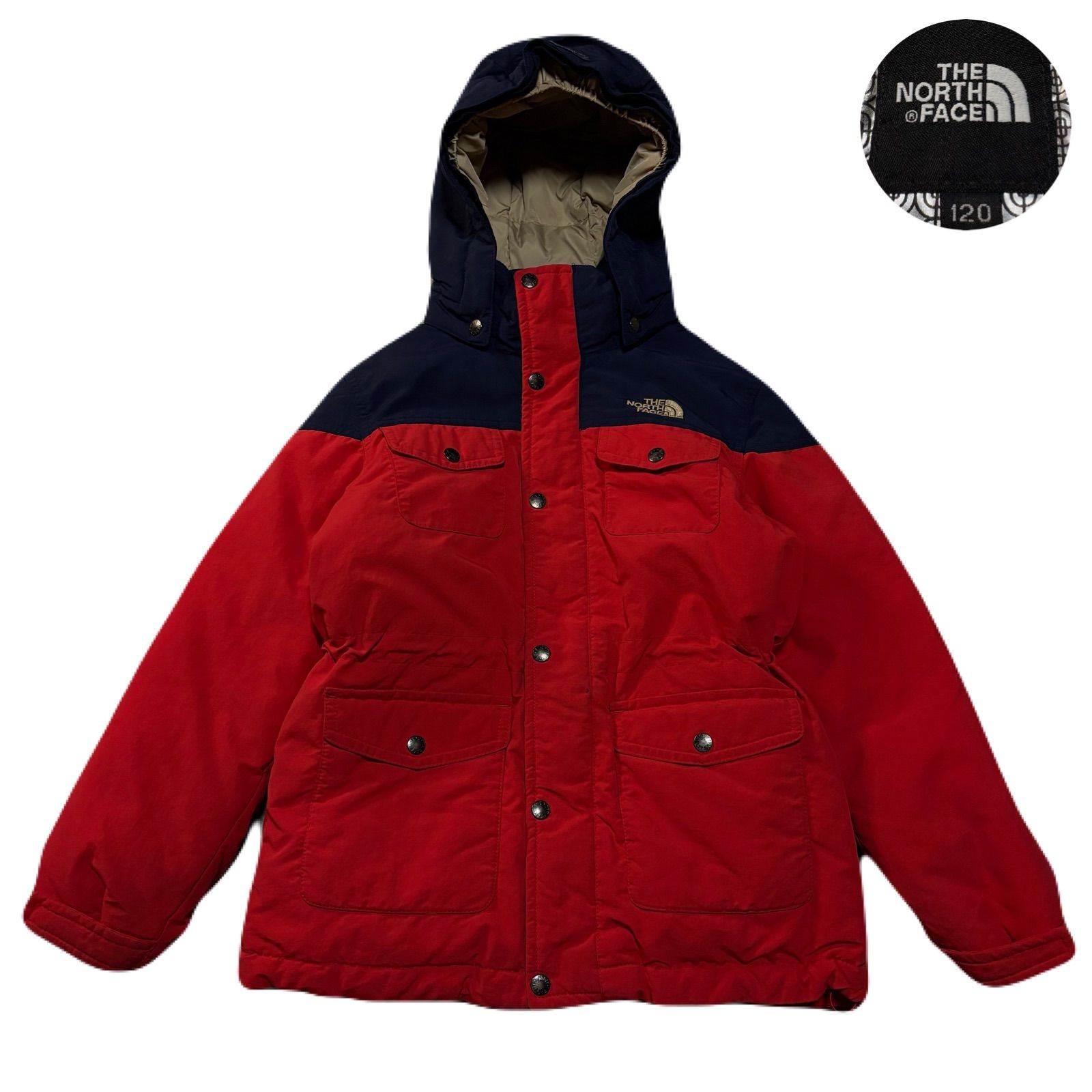 THENORTHFACE ノースフェイス DownJacket ダウンジャケット Embroidery 両面刺繍ロゴ ProHeat プロヒート Drawcord ドローコード Nylon ナイロン Goose グース Red Navy Kids120
