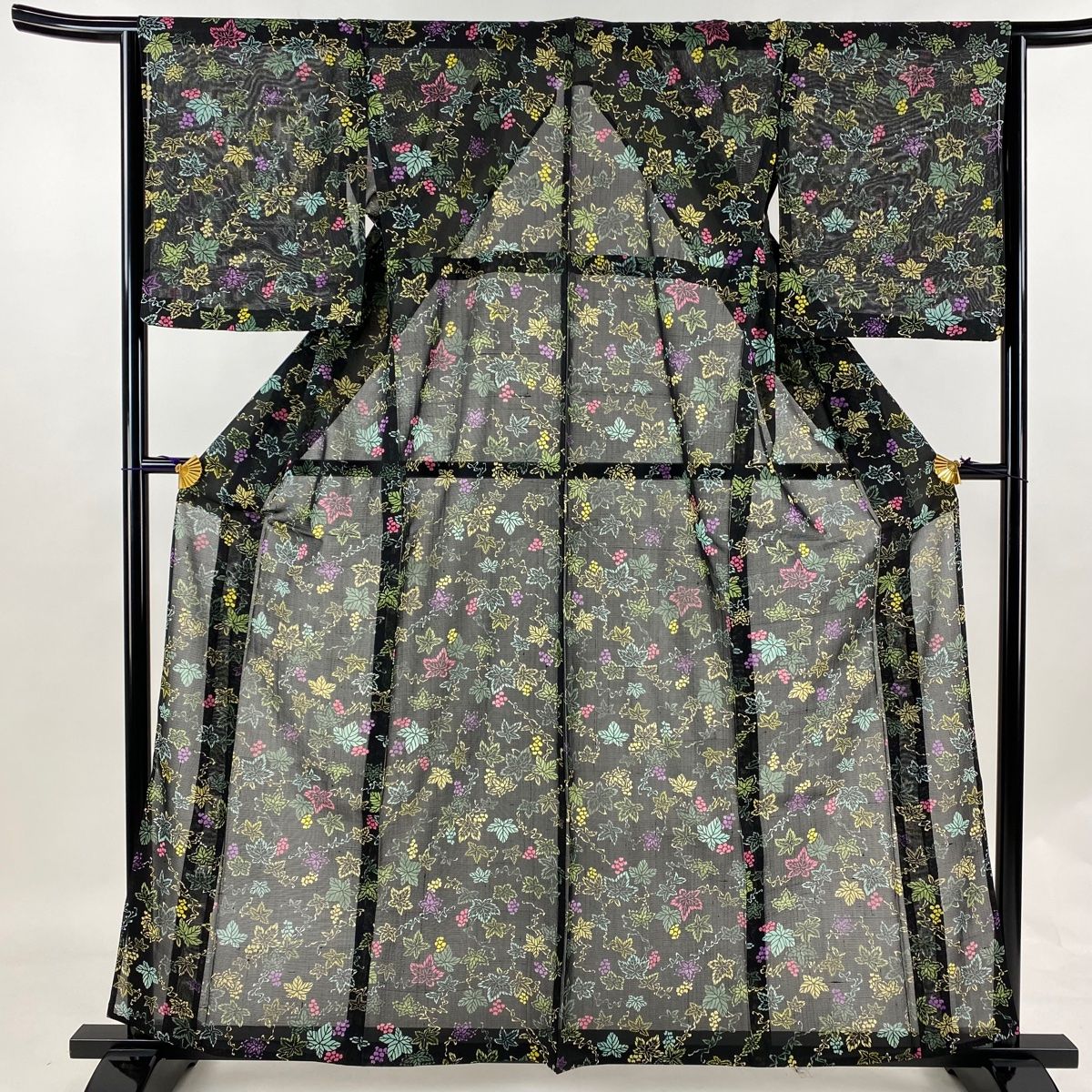 小紋 身丈159.5cm 裄丈64cm M 薄物 絽 葡萄 黒 正絹 美品 秀品 【中古  