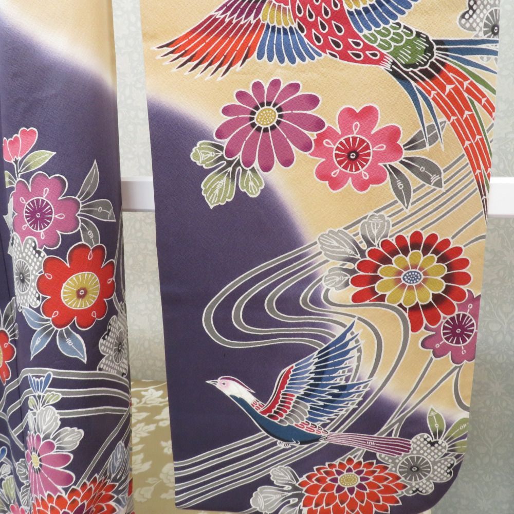 振袖 正絹 サーモンピンク×ベージュ×紫 型染め 風景 花々 袷 広衿 成人 