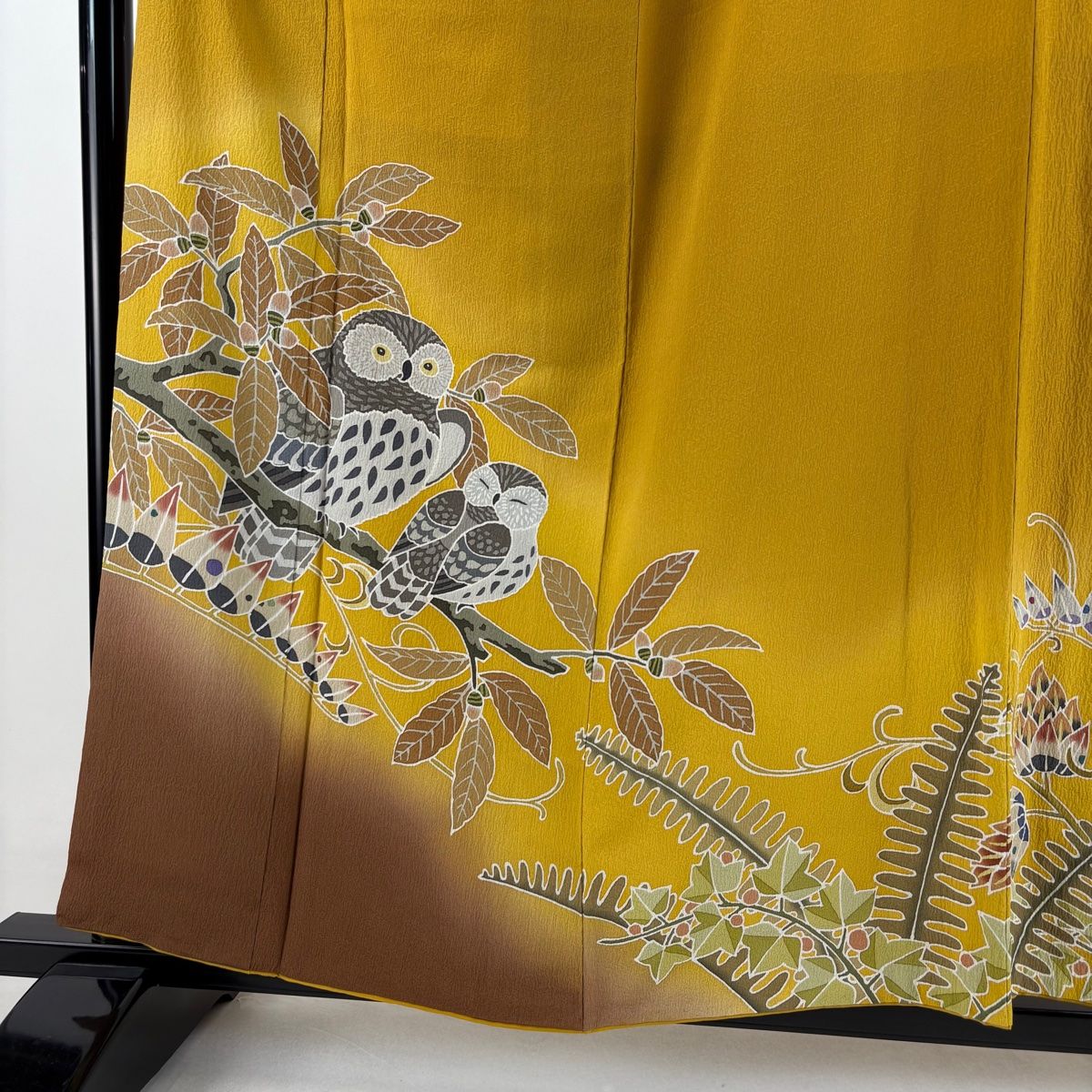 訪問着 身丈157cm 裄丈61cm S 袷 やまと フクロウ 葉と実 ぼかし 山吹色 正絹