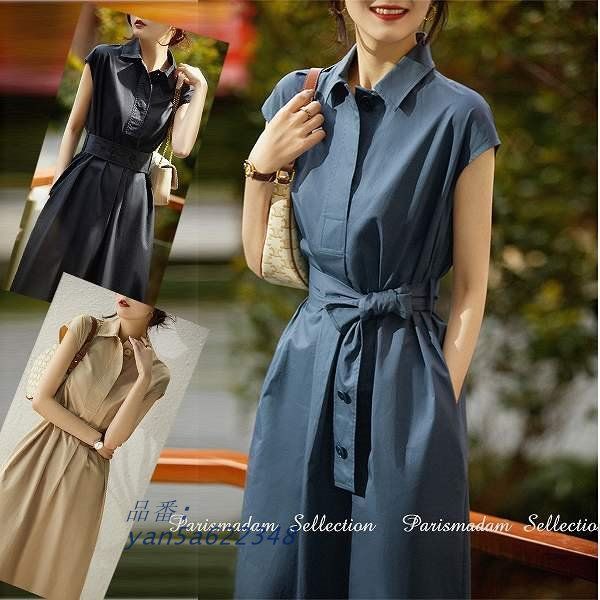 大人ワンピース ウエストリボン フレンチスリーブ ひざ下丈 SからXL ほっそり効果大通勤通学20代30代40代50代60代 yan5a622348