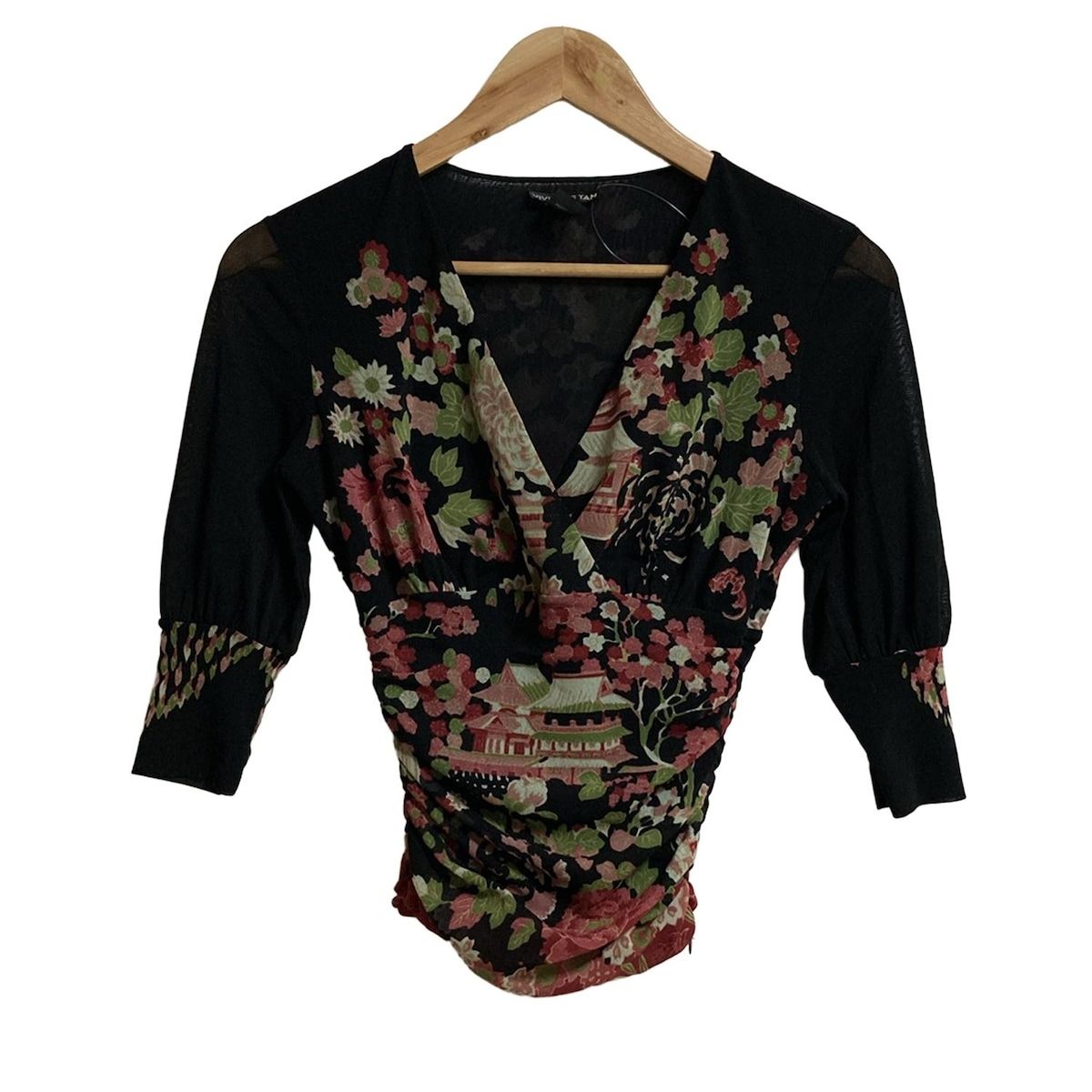 VIVIENNE TAM ヴィヴィアンタム 七分袖カットソー サイズ0 XS レディース - 黒×レッド×マルチ 花柄|メッシュ
