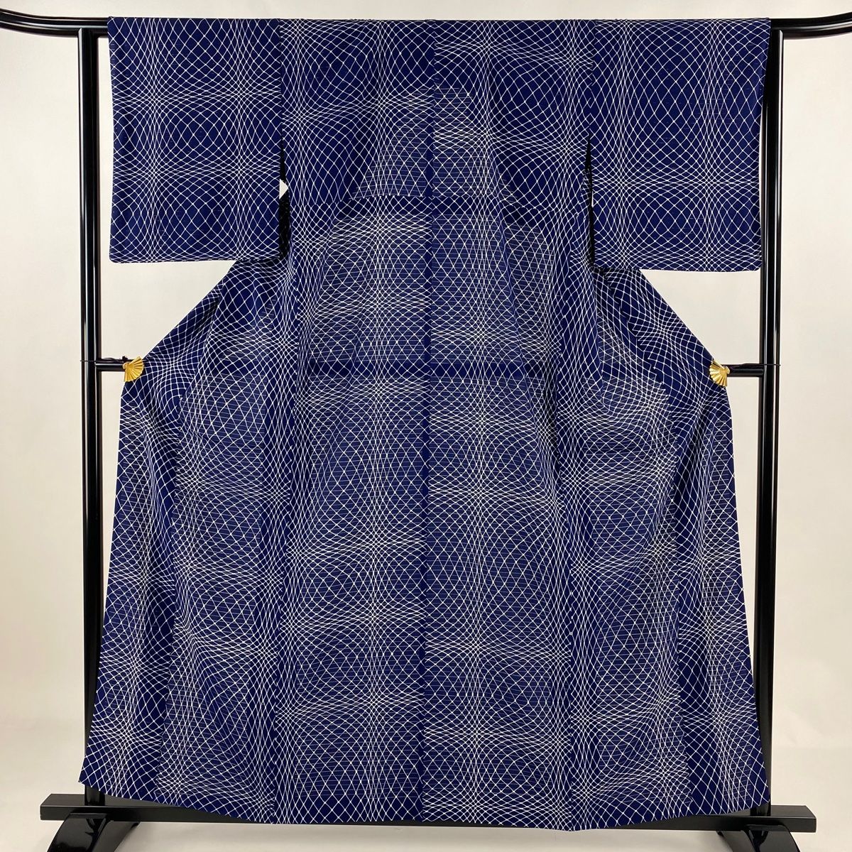 小紋 身丈159cm 裄丈63.5cm S 薄物 絽 幾何学模様 紺色 正絹 美 