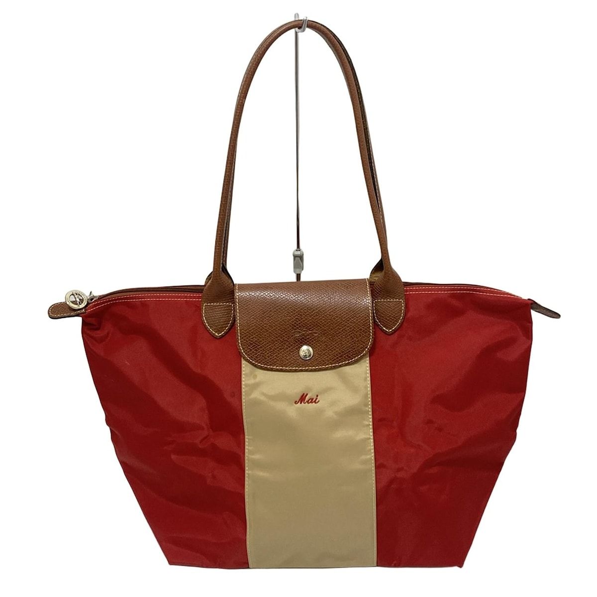 LONGCHAMP ロンシャン ショルダーバッグ ル プリアージュオリジナル レッド×ベージュ×ブラウン 折りたたみ|ネーム刺繍 レザー