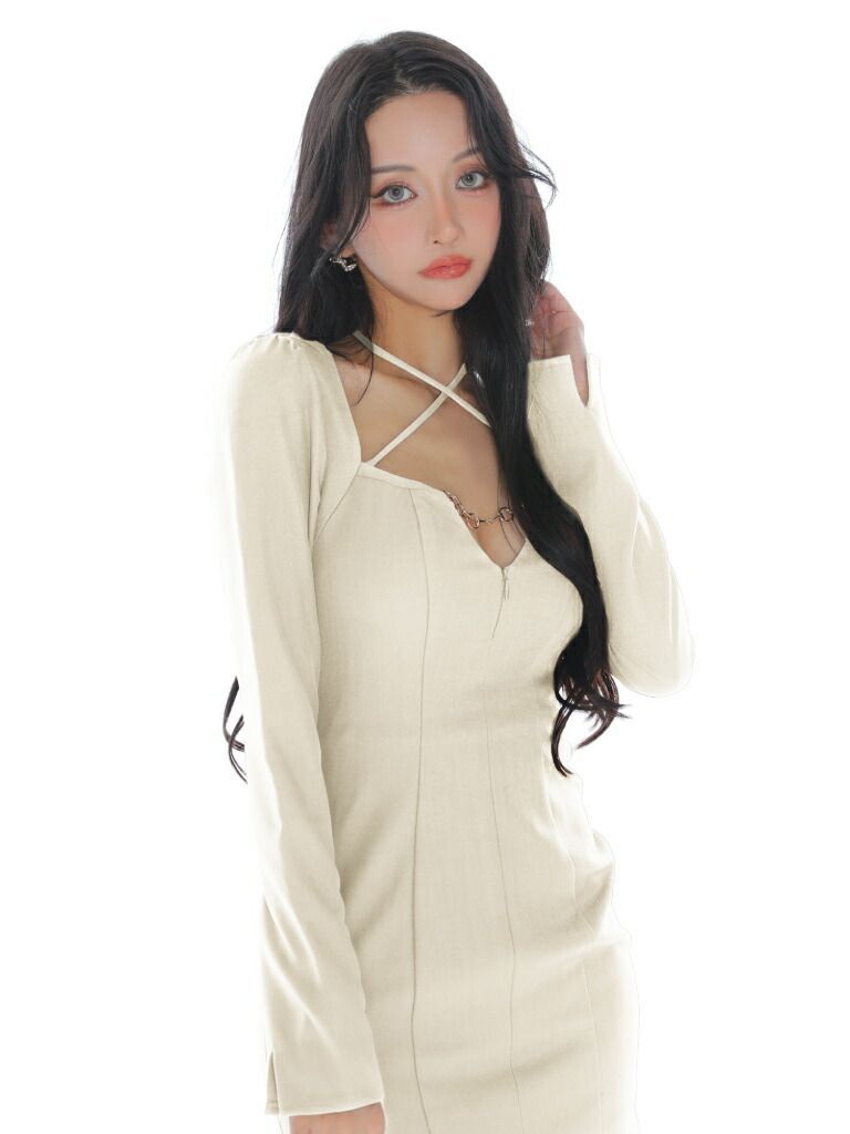 アイボリー GL3953-BR Glossy|グロッシー ROBE de FLEURS Glossy|ローブドフルール グロッシー 長袖| ホルター| バストカット| ロングスリーブ| タイト| ミニドレス| キャバドレス| ナイトドレス