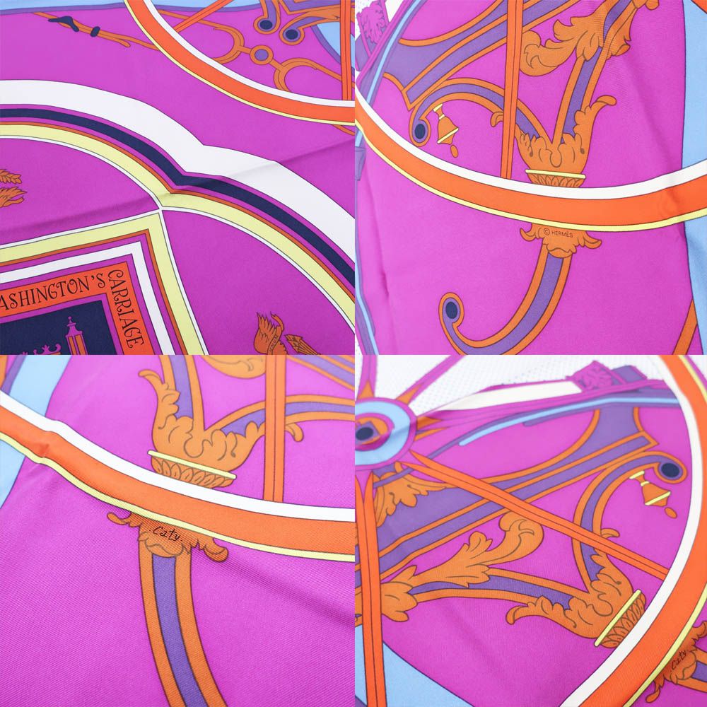 HERMES エルメス スカーフ カレ 90 馬車 ピンク ロンシャンへの散歩