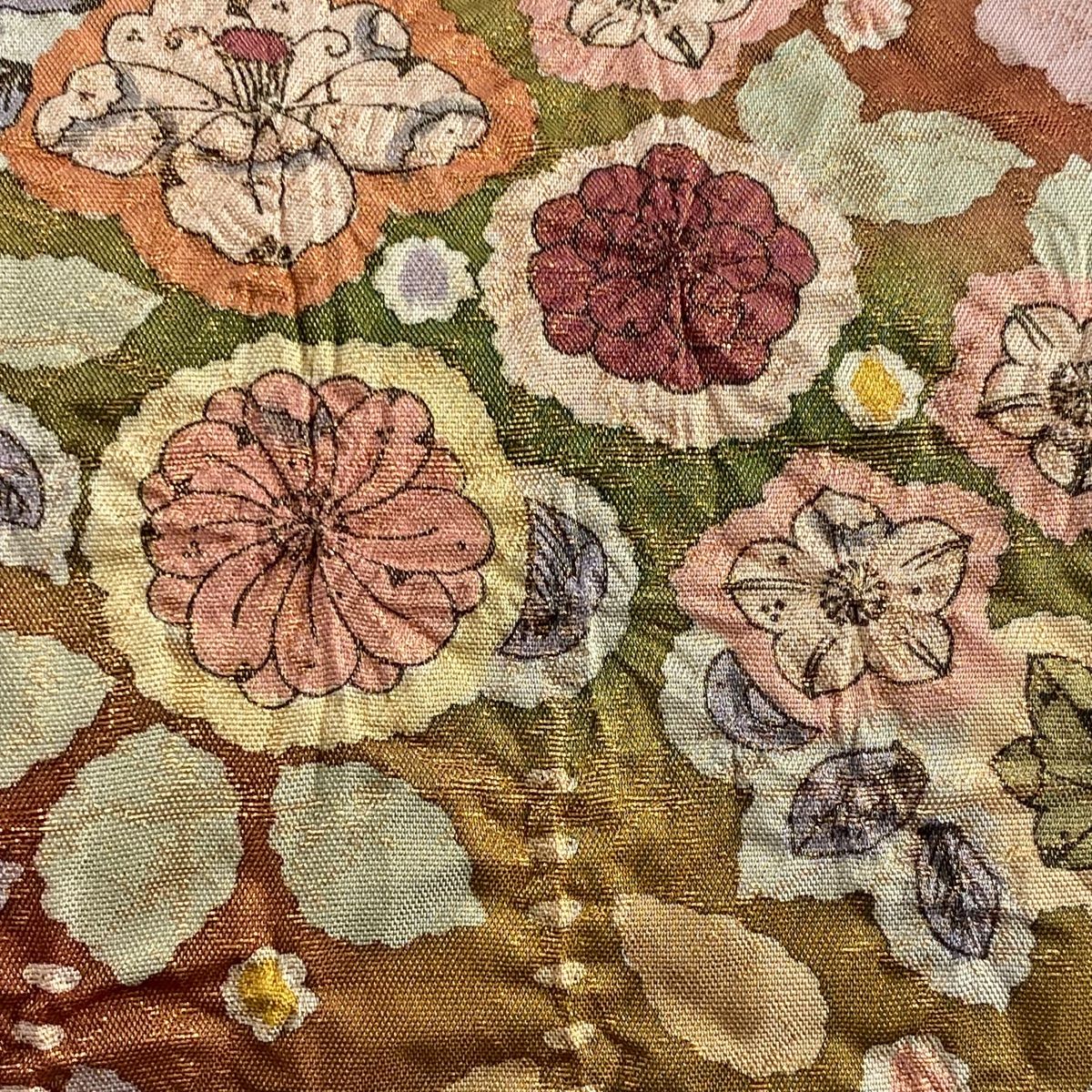 袋帯 美品 名品 落款 辻が花 金糸 箔 茶緑色 お太鼓柄 正絹