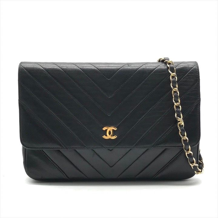 CHANEL シャネル ココマーク Vステッチ ラムスキン プッシュロック チェーン ショルダー バッグ 鞄 かばん ブラック a8578