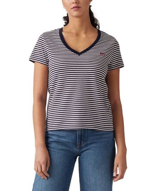 売れ筋商品|||リーバイス カットソー トップス レディース Women's Perfect Cotton V-Neck Short-Sleeve T-Shirt Clara Stripe Zephyr 送料無料】 リーバイス レディース Tシャツ トップス Women's
