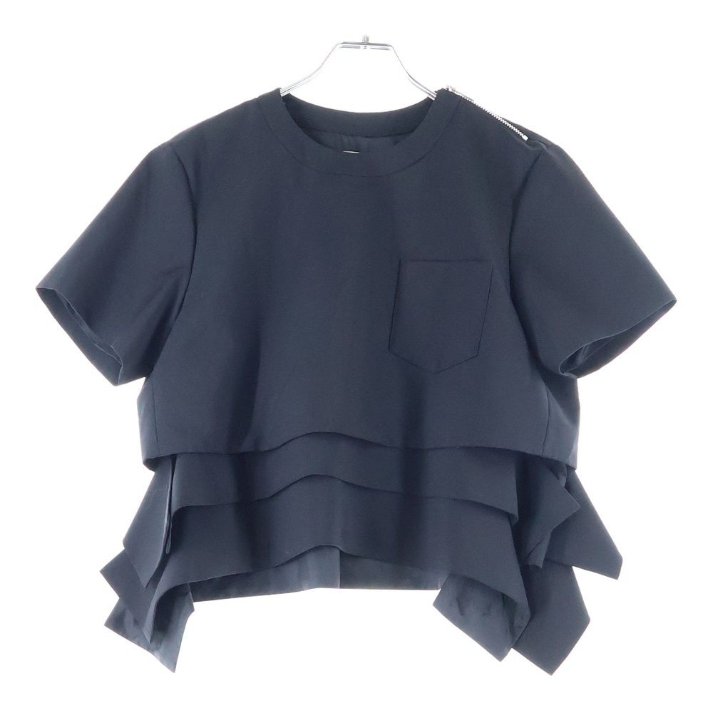 Sacai サカイ 23SS SUITING PULLOVER スーチング プルオーバー ドッキング 胸ポケット ショルダージップ 半袖Tシャツ ブラック レディース 23-06904