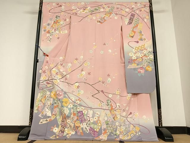 平和屋着物●本加賀友禅作家 中井節子 振袖 短冊枝梅文 正絹 AABC0118zg