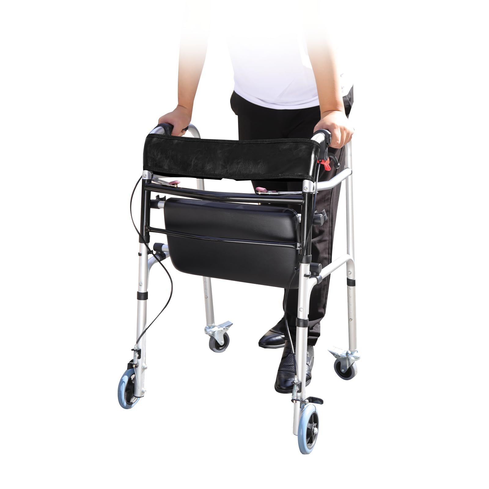 クッション付 耐荷重150KG 背もたれ キャスター付き ストッパー付き 高さ80～90cm 5段高さ調整 リハビリ お年寄り 介護 アルミ製 介護用 ブレーキ付 立ち上がり補助 室内室外兼用 高齢者 歩行車 折りたたみ 福祉用具 歩行器 lefeke
