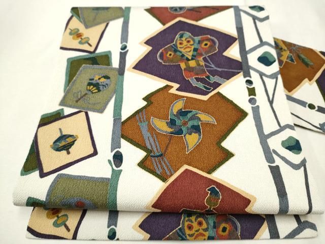 平和屋着物●九寸名古屋帯　型染め　玩具文　金彩　鬼しぼ縮緬　正絹　逸品　CAAU9213hy 平和屋着物○九寸名古屋帯 型染め 玩具文 金彩 鬼しぼ縮緬 正絹 逸品