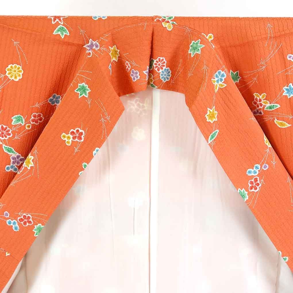 小紋 リサイクル着物 身丈161cm 裄65cm 前幅23cm 後幅30cm 袖丈48cm レディース 袷 裄Mサイズ 秋冬春用 正絹（シルク）オレンジ地 美品 リサイクル 小紋 オレンジ地 花柄 袷 正絹 着物 未使用品 レディース