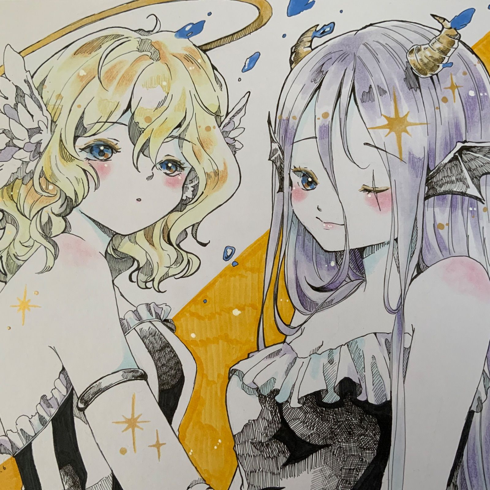 手描きイラスト オリジナル 創作 原画 ドローイング クリスマス 天使 金 緑 Yahoo!オークション - 創作 原画 オリジナル 手描きイラスト