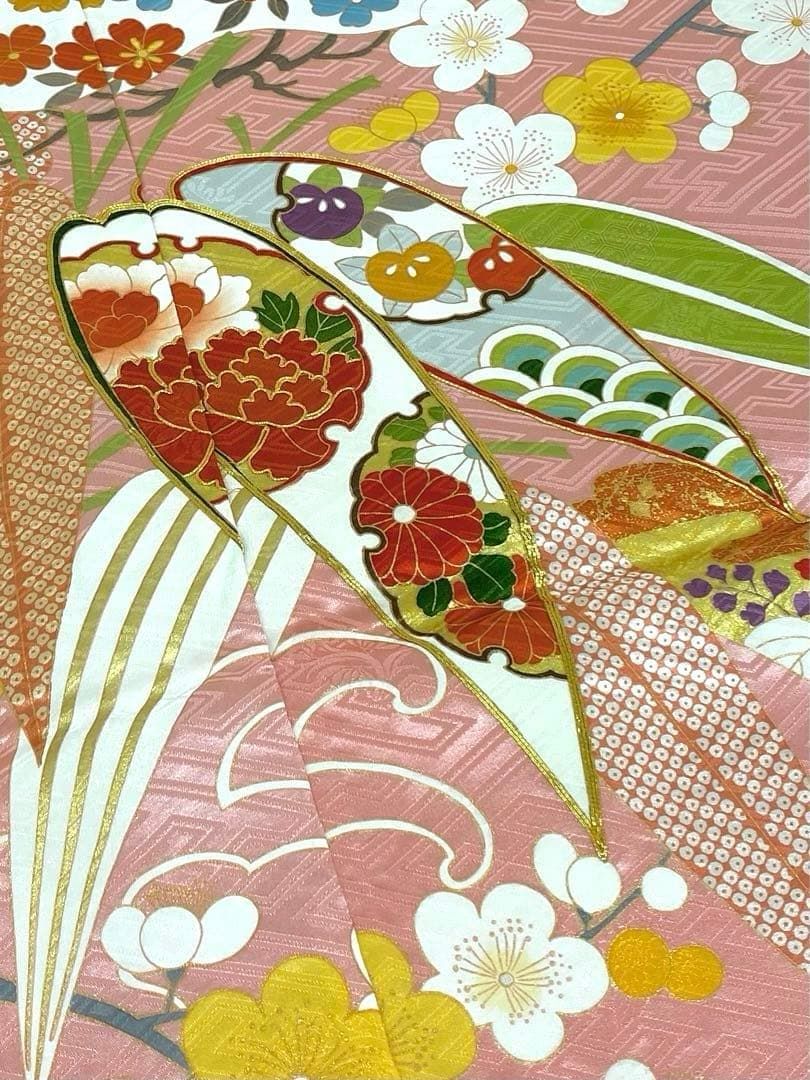 振袖　仮絵羽　未仕立て品　手描き京友禅　本振袖　振り布付き　茶系　松葉　正絹 振袖 久保耕 久美すがた 仮絵羽 京友禅 振り布付き 正絹 未仕立て品 八