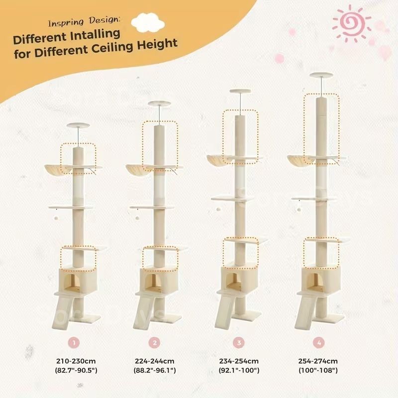  キャットタワー 猫タワー 大型猫用 突っ張り式 ハンモック付き シンプル おしゃれ インテリア 北欧 多頭飼い 爪とぎ 運動不足解消 安定 調節 スリム 省スペース ベージュ グレー ピンク×ブルー グリーン×ブラウン 高さ210～274 cm 据え置き型キャットタワー キャットタワー