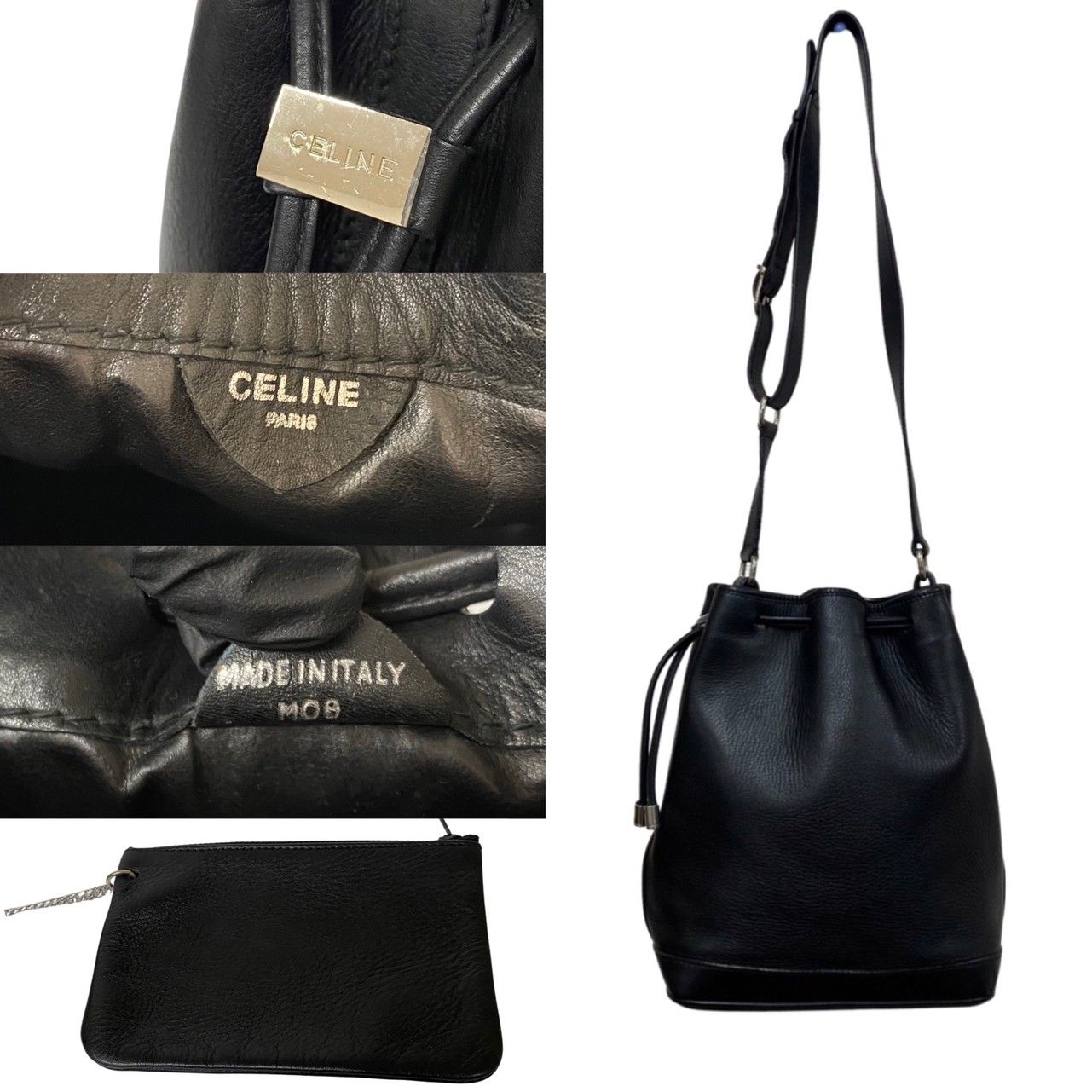 極 美品 ポーチ付き CELINE セリーヌ ロゴ 金具 レザー 本革 巾着