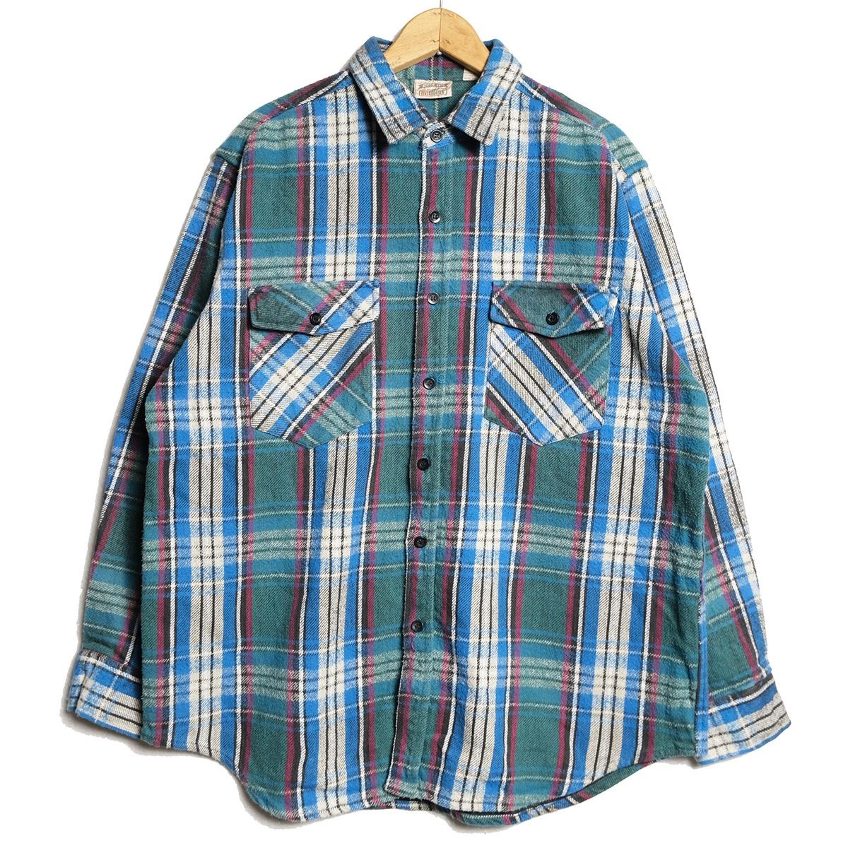 90's ファイブブラザー チェック ヘビーネルシャツ (L) 水色×緑系 コットン ヘビーネル 90年代 旧タグ オールド FIVE BROTHER　アメリカ古着 USED  ビンテージ ヴィンテージ