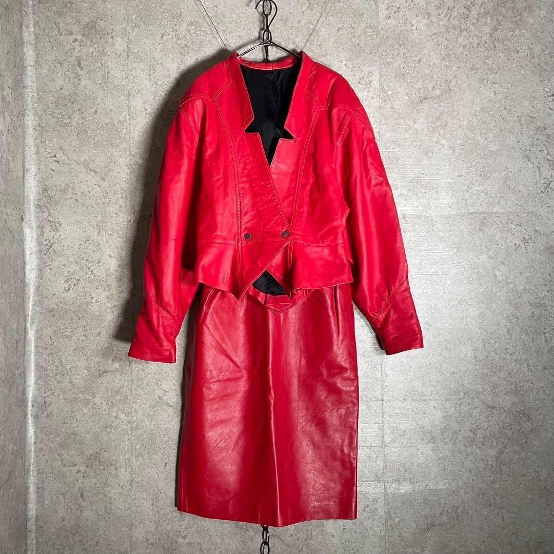 スペイン製 昭和レトロ Marta Bach ライダース レザースカートセットアップ レッド