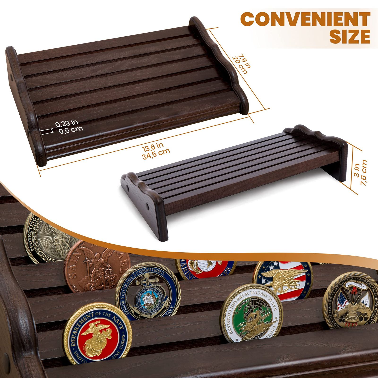 TESLYAR ミリタリーチャレンジコインスタンドホルダー - コインを最大42枚収納 6列 - ディスプレイラック 木製 陸軍 コレクタブルチャレンジ コインディスプレイ ケースウッドスタンド 天然無垢材 (ブラウン) ウッドスタンド diy