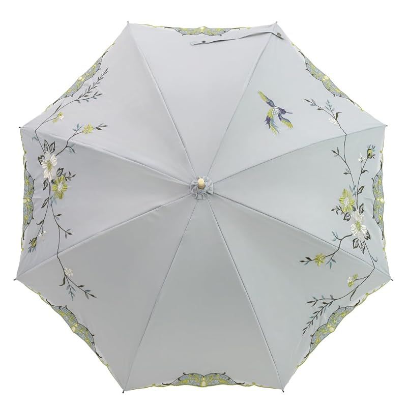シノワズリーモダン 日傘 長日傘 女優日傘 1級遮光 晴雨兼用 遮熱 逃熱 UVカット UPF50 かわず張り 花鳥 ライトグレー2