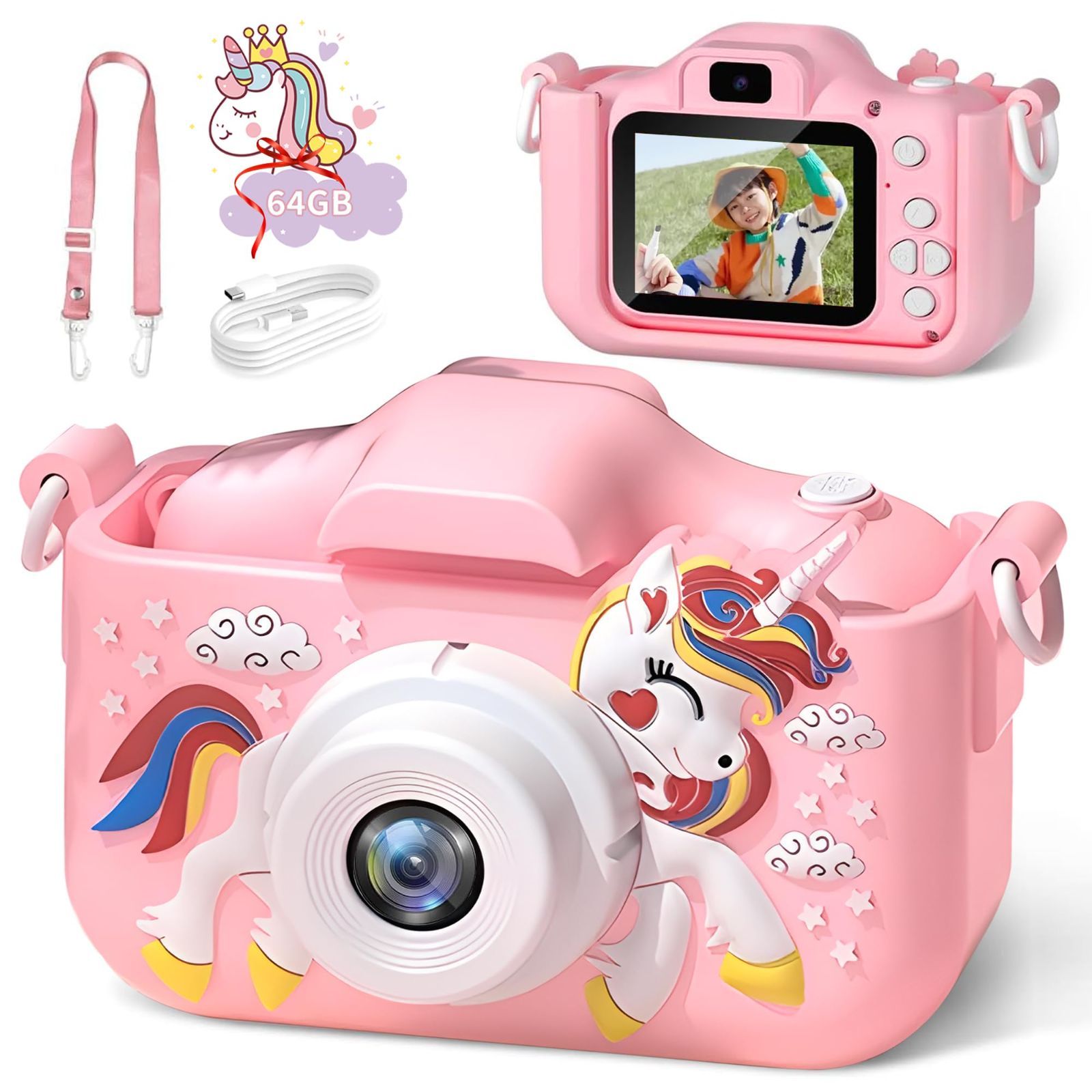 【新着商品】64GB キッズカメラ 子供用カメラ ユニコーン 1080P HD 動画 カメラ 8倍ズーム 子どもデジタルカメラ 【子供への贈り物】 自撮りカメラ 子供の日 誕生日 プレゼント 日本語説明書付