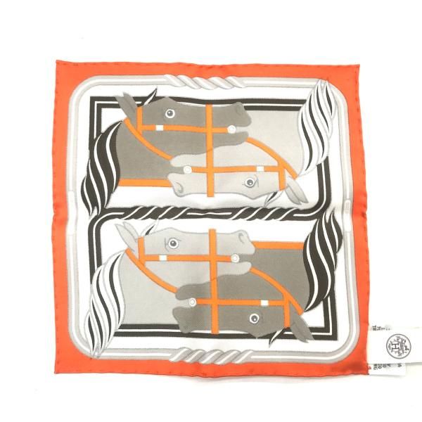 HERMES エルメス カレ20 ナノスカーフ 馬 ホース シルク100％ オレンジ
