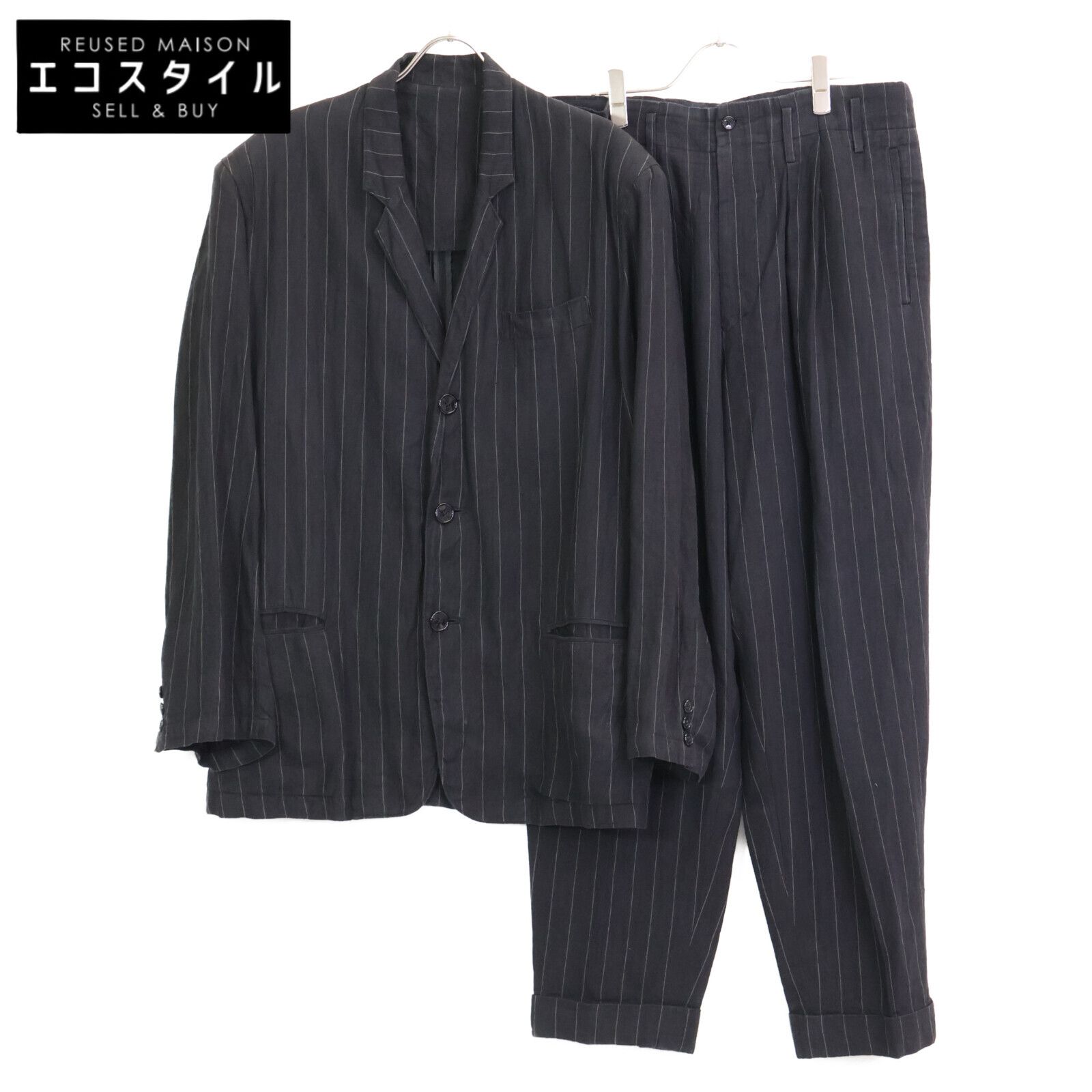 Yohji Yamamoto POUR HOMME ヨウジヤマモトプールオム 黒 ｽﾄﾗｲﾌﾟ ﾘﾈﾝ ｽｰﾂ|ｾｯﾄｱｯﾌﾟ ジャケット S|ボトムス M