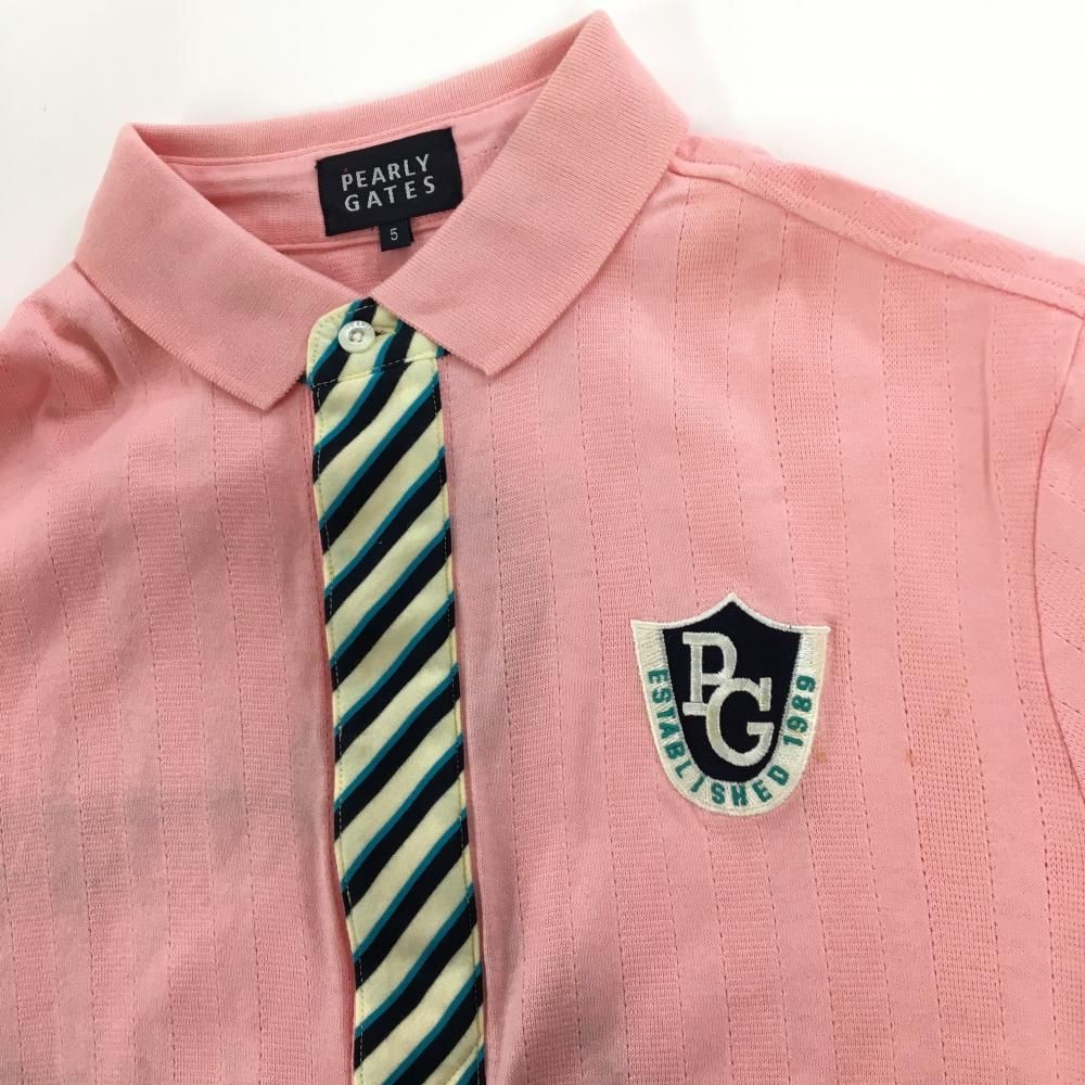 PEARLY GATES ストライプ ポロシャツ 5 パーリーゲイツ 半袖ポロシャツ ライトピンク ストライプ地模様 前立て