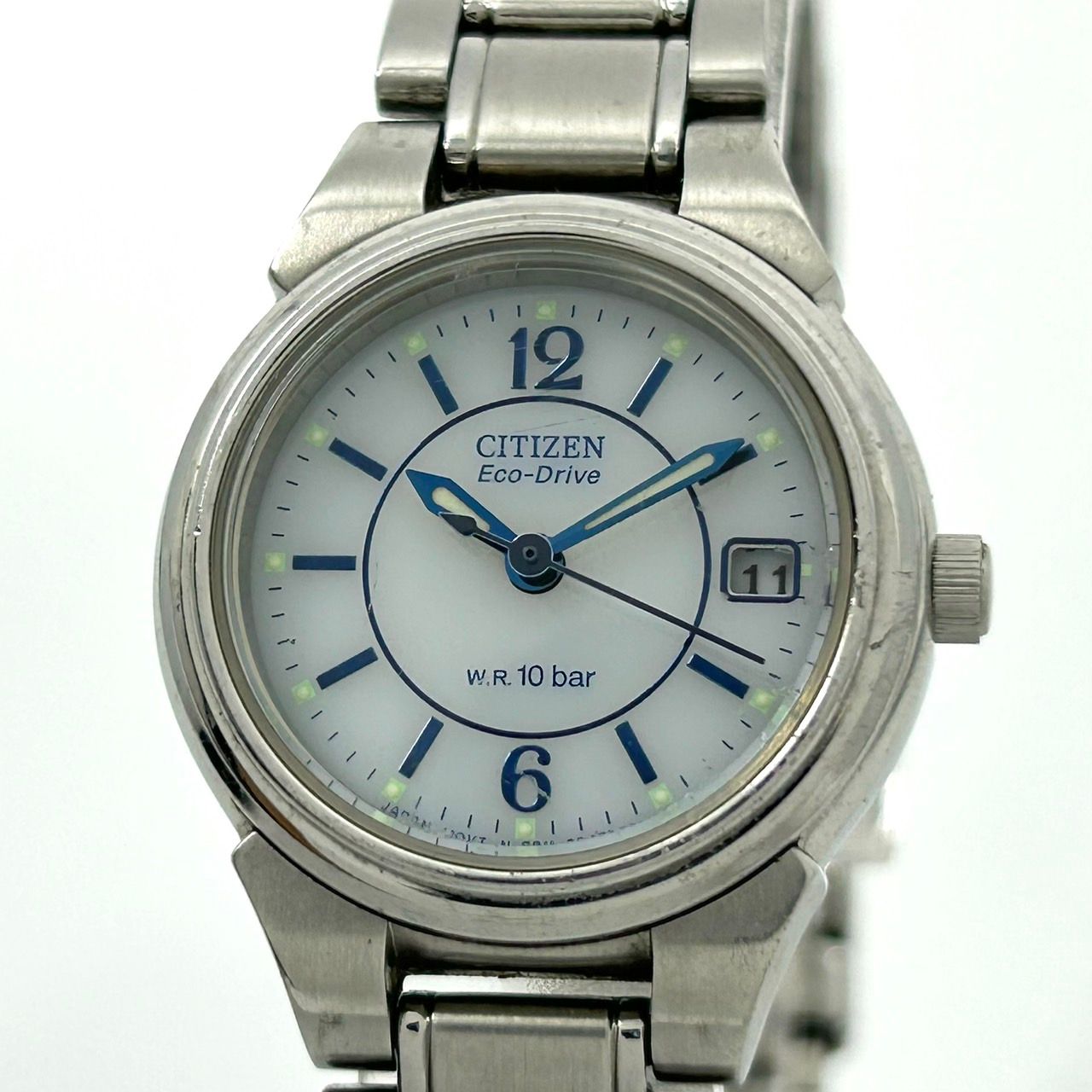 稼働品 シチズン エコドライブ 腕時計 レディース E011-S027144 ソーラー W.R. 10 BAR アナログ デイト表示 白文字盤 ステンレス シルバー シンプル クラシック エレガント カジュアル ビジネス 通勤 クリーニング済 G5