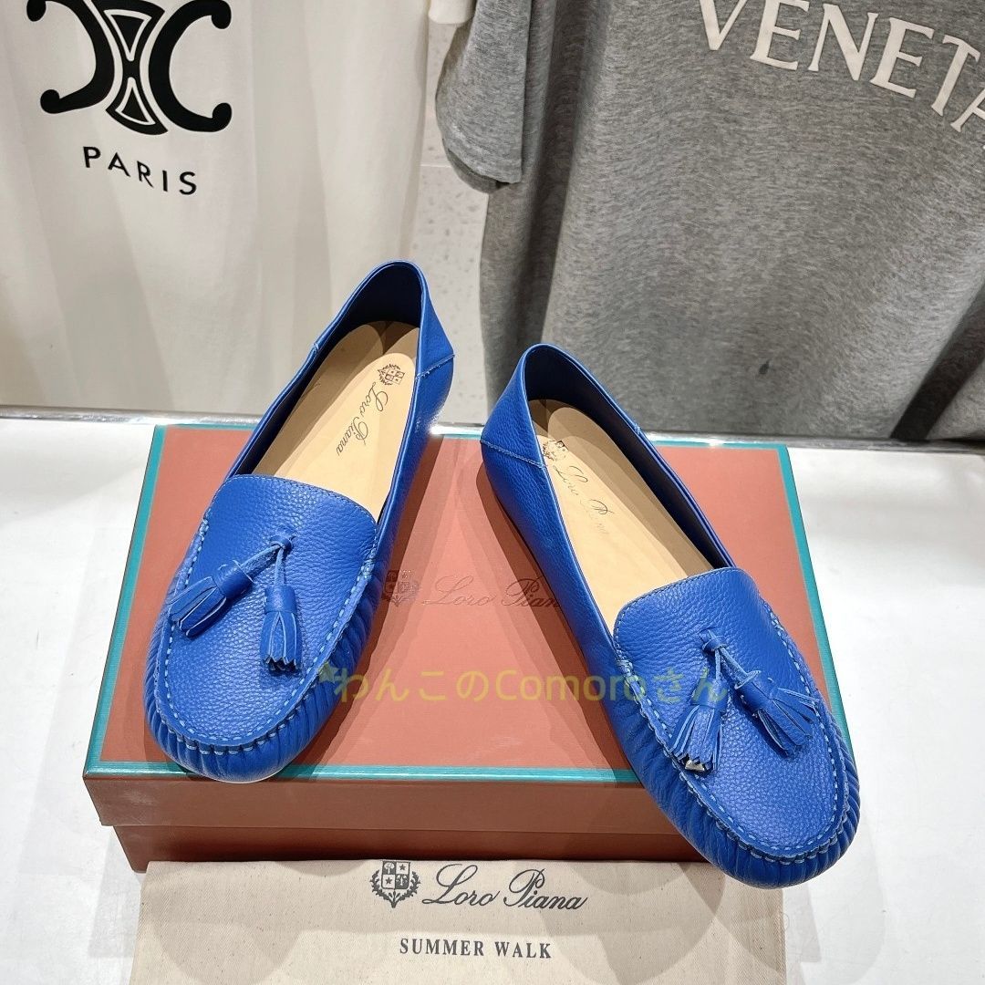 ブルー23.0 4.5 cm ロロピアーナレディースサマーウォーク モカシン タン カーフレザー タッセル付き ペブルグレイン レザー