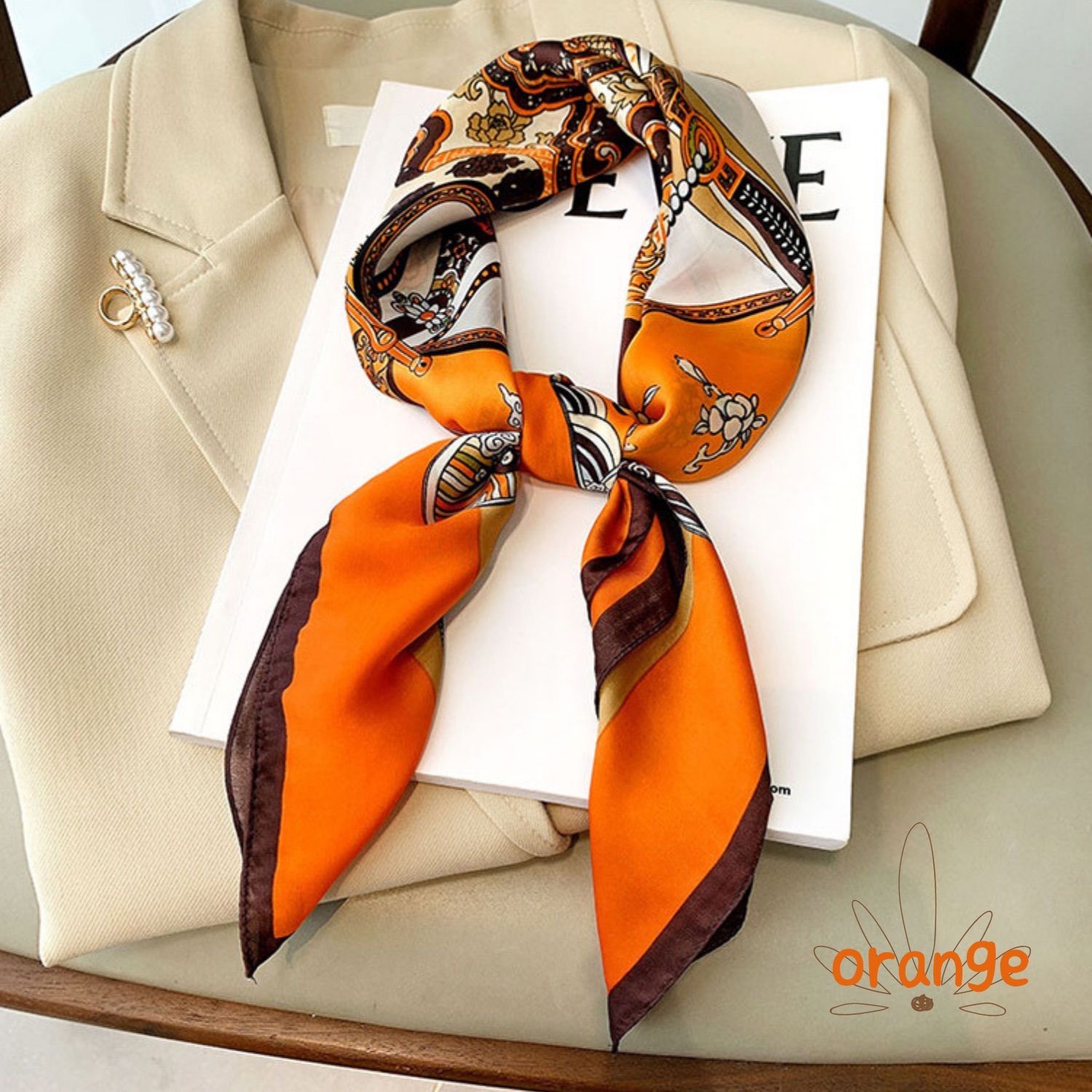 激安の 大判 セーラー襟 スカーフ オレンジ シルク ヘアアクセ サテン