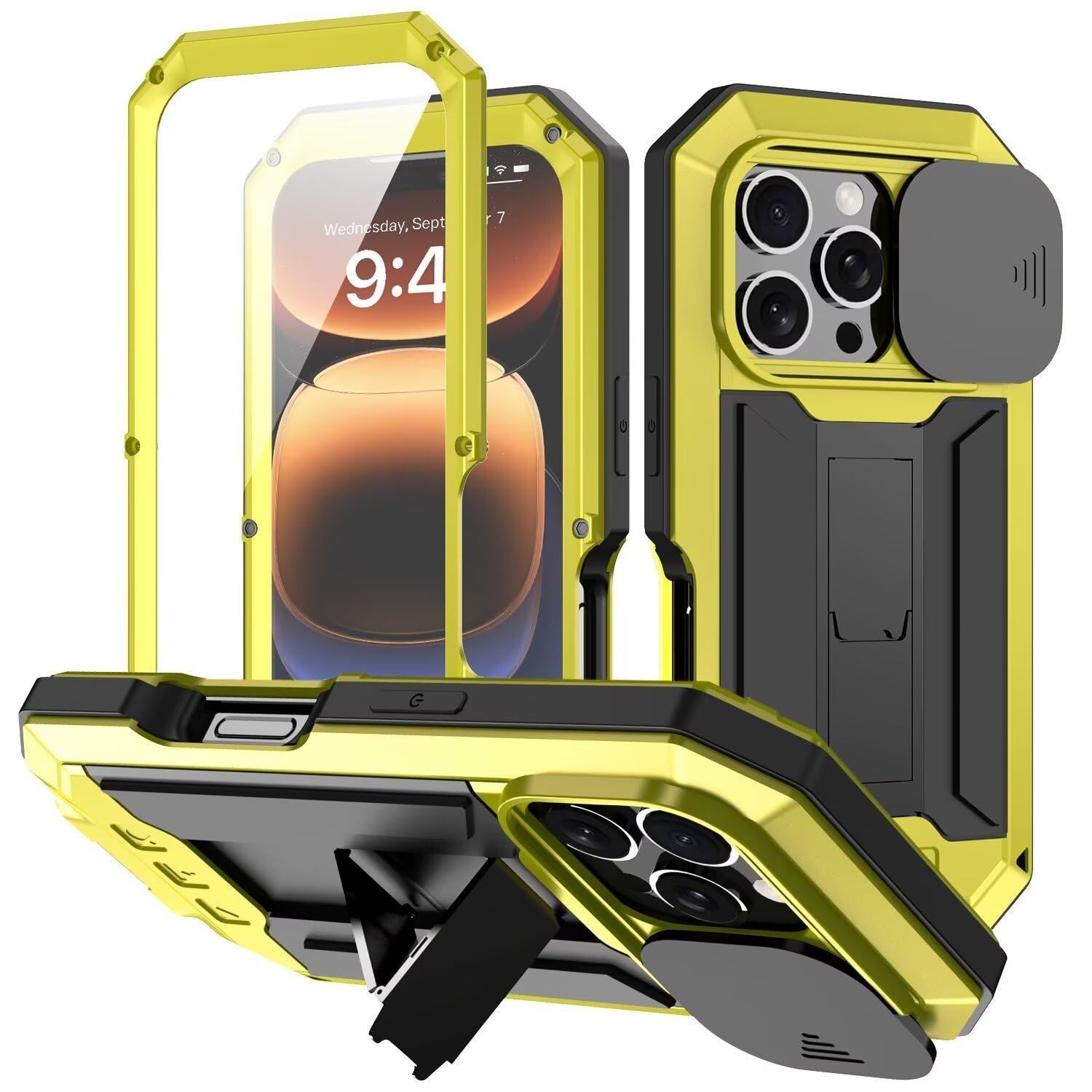 新品 iPhone 16 Pro ケース 軍用 頑丈カバー スライド式カメラカバー iPhone16pro 金属ケース 強化ガラスフィルム アルミ合金 防塵 スタンド機能 三防アルミケース 全面保護 男性，黄