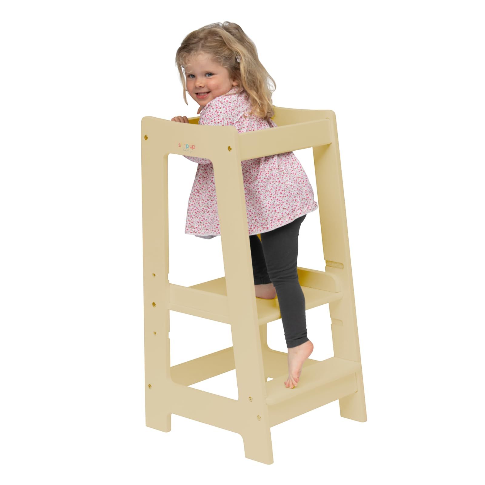 Stepup Baby Montessori Toddler Tower Kitchen Helper with Adjustable Steps with Safety Rail Solid Wood Natural Wood