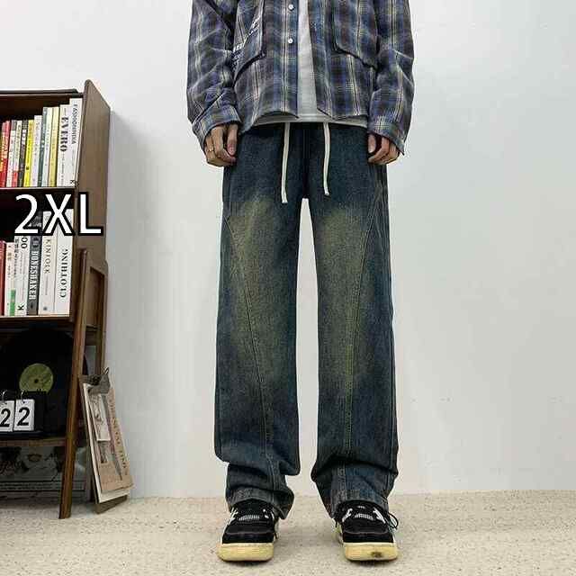 [2XL]メンズ ファッション 服 男性用 オシャレ シンプル 大人 かっこいい 大きいサイズ ストリート 紳士服 アメリカン レトロ ウォッシュ ジーンズ 夏 ストリート ワイド レッグ ストレート カ