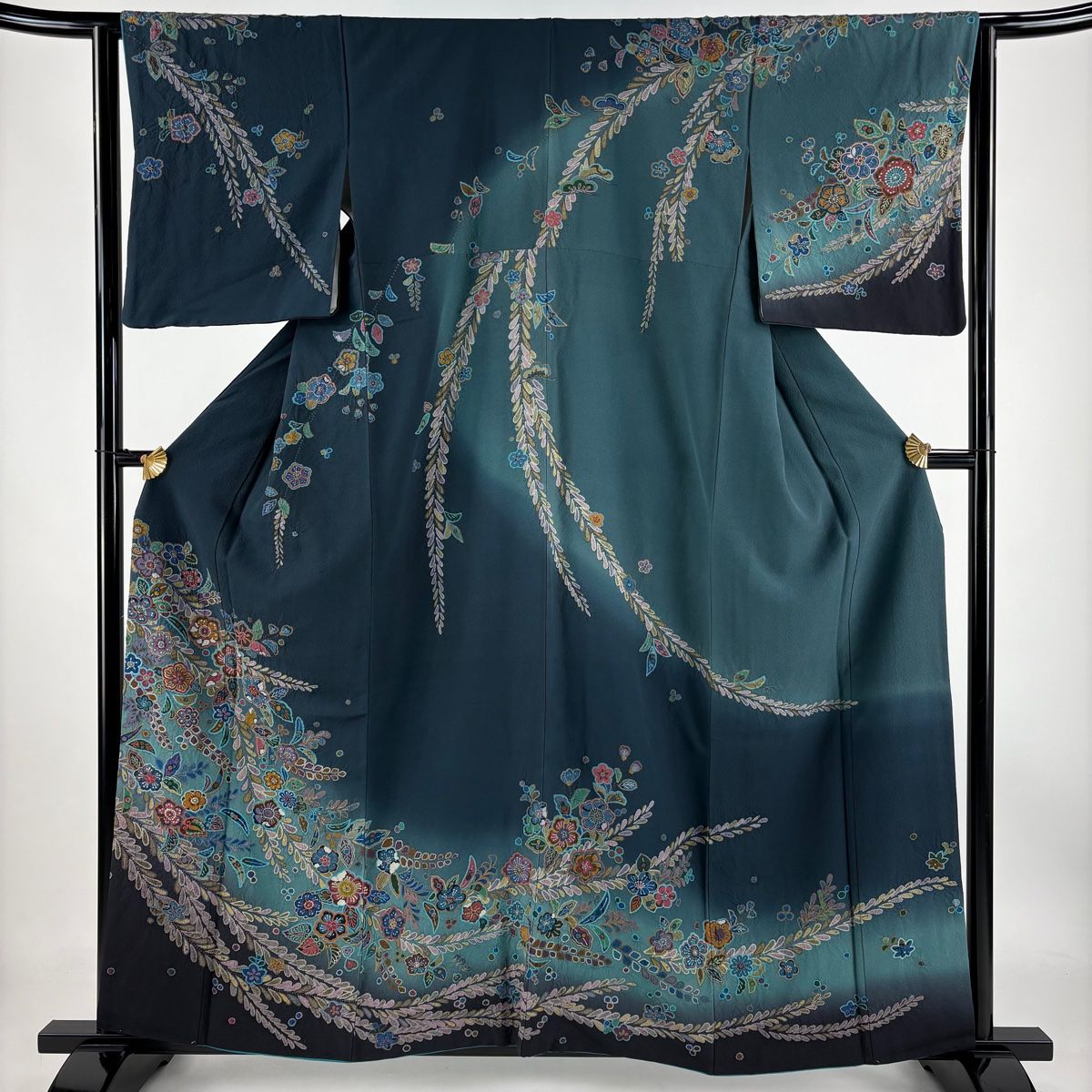 訪問着 身丈160.5cm 裄丈63.5cm S 袷 草花 藤 絞り ぼかし 青緑 正絹 名品