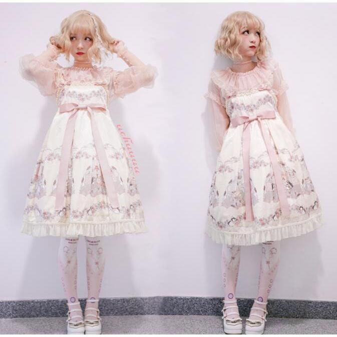 ロリータ ワンピース ジャンパースカート ロング丈 ロリータ服 ハイウエスト 花柄 リボン フリル裾 かわいい 甘ロリータ 大人 ジュニア ゴスロリ ロリッタ Lolit