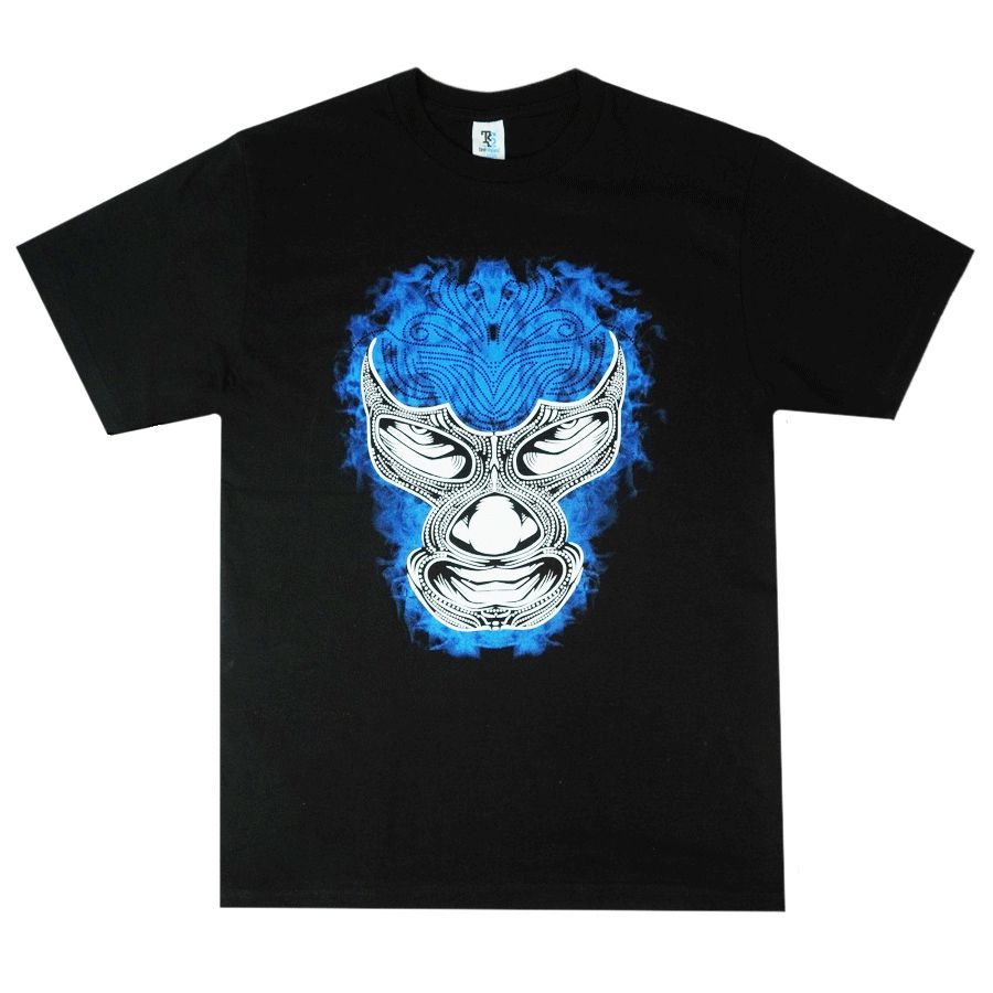 MEXICO プロレスTシャツ メキシカンレスラー ルチャリブレ BLUE DEMON ブルーデモン ブラック 黒 青 アステカ マスク 仮面 レジェンド 男女兼用 半袖 チカーノ チカーナ ギャング