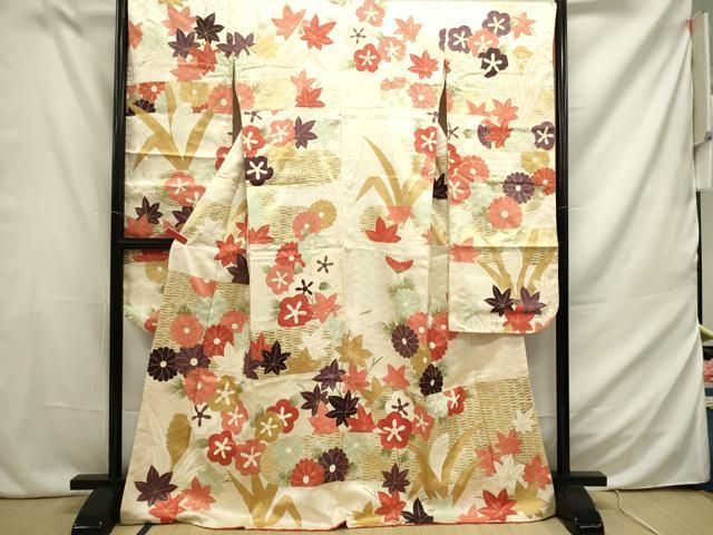 平和屋着物●豪華振袖　貝桶花文　金糸　金彩　ロング丈　正絹　逸品　AAAT2230ck 平和屋着物○豪華振袖 貝桶花文 金糸 金彩 ロング丈 正絹 逸品