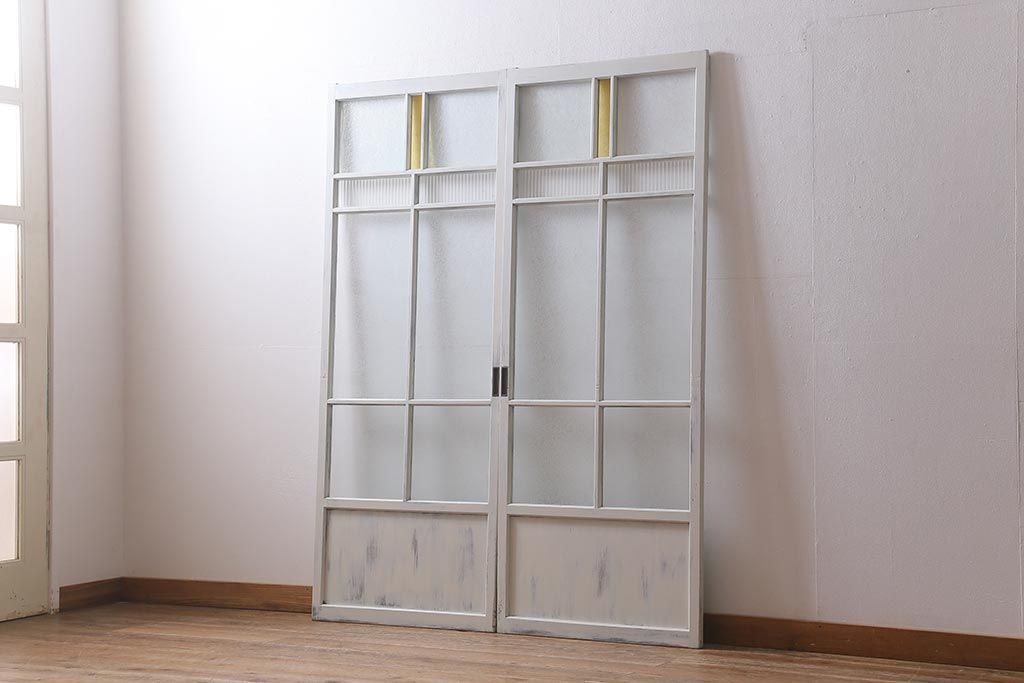 ガラス戸2枚セット 色ガラス アンティーク 建具 引き戸 R-041265