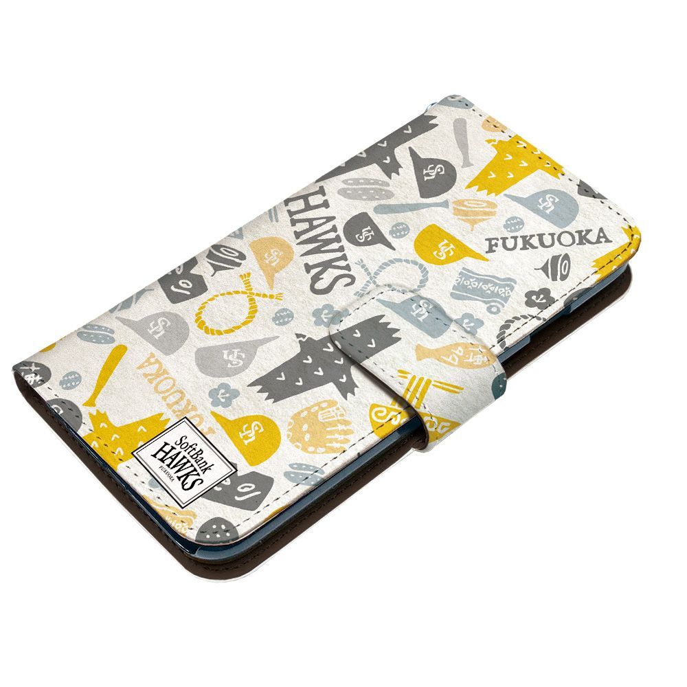 Softbank HAWKS 正規品 AQUOS R9 pro SH-54E ケース 手帳型 スマホケース [デザイン:9.手描きパターン(YE系)/マグネットハンドあり] 福岡 ソフトバンク ホークス パターン グッズ
